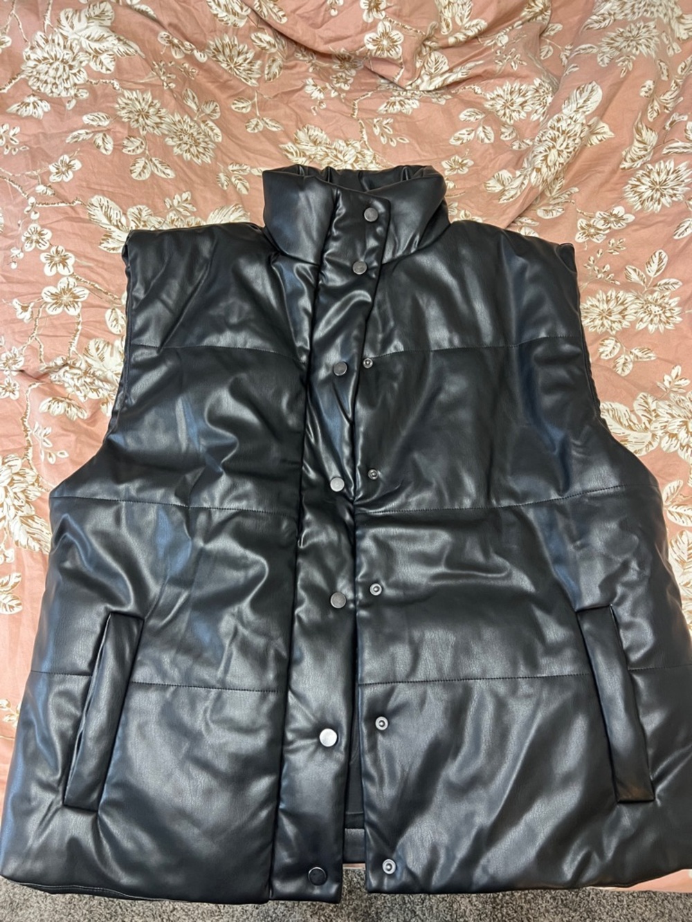 Pink Lily Black Faux Leather Puffer Vest